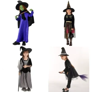 Girls’ Halloween Forest Witch Costume with Hat and Spider Web Detail