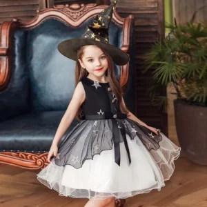 Girls’ Halloween Princess Cosplay Dress with Witch Hat