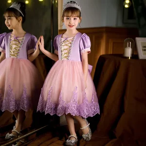 Girls Halloween Rapunzel Dress Mesh Lace Bow Puff Sleeve Cosplay Costume