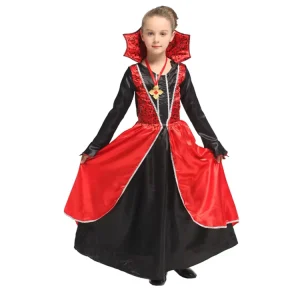 Girls Halloween Vampire Cosplay Dress Necklace Set Kid Witch Horror Skeleton Role Play Performance Carnival Long Sleeve Clothing