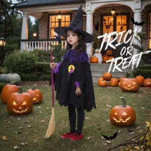 Girls’ Halloween Witch Costume Dress with Cloak and Cape