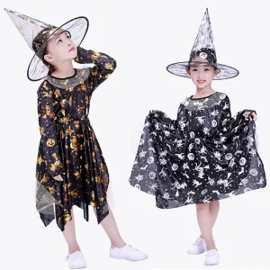 Girls’ Halloween Witch Costume Dress with Hat