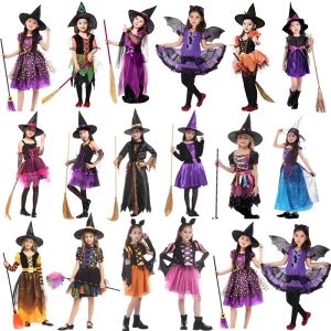 Girls Halloween Witch Costume Retro Gothic Role-Play Outfit with Skirt, Hooded Top and Cloak