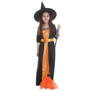 Girls’ Halloween Witch Costume with Pumpkin Dress