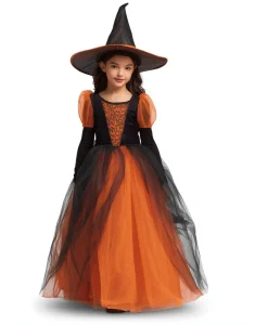 Girls Halloween Witch Dress Black and Orange with Hat