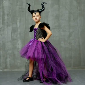 Girls’ Halloween Witch Princess Costume Dress with Feather and Tail