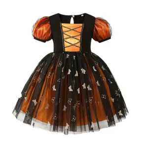 Girls Halloween Witch Printed Princess Dress Kids Cosplay Costume Spooky Party Role Play Gown