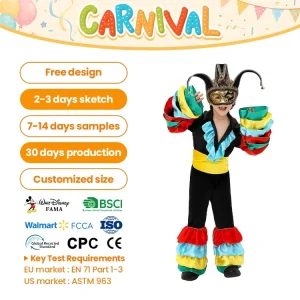 Girls’ Harlequin Clown Carnival Costume with Mask, Bell, and Ruffle Dress