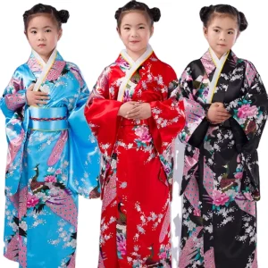 Girls’ Japanese Asian Kimono Top Dress Robe with Sash Belt