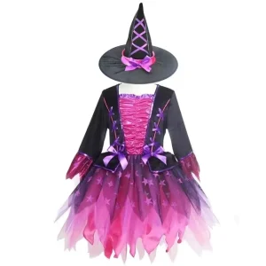 Girls’ Kids Witch Halloween Tutu Dress Costume Set with Hat, Star Sparkle Detail