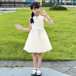 Girls’ Lace A-Line Knee-Length Sleeveless Princess Dress, Chinese Style