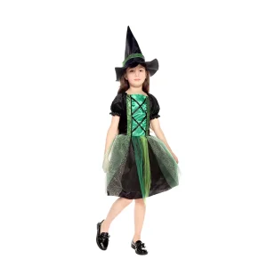 Girls’ Little Witch Cosplay Costume Dress Green and Black Polyester
