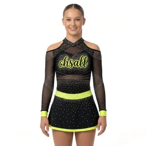 Girls Long Sleeve Cheerleading Outfit Cold Shoulder Sheer Mesh Rhinestone Neon Yellow Trim Spandex Performance Wear