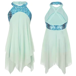 Girls Lyrical Dance Costumes O Neck Sequins Modern Contemporary Ballroom Stage Performance Dance Dress
