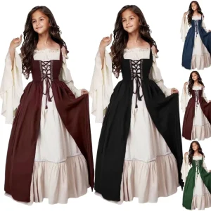 Girls’ Medieval Renaissance Halloween Costume Set with Square Collar Corset