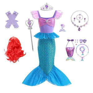 Girls Mermaid Fishtail Long Dress Sequin Princess Gown Sleeveless Puff Sleeve Party Outfit