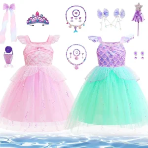 Girls Mermaid Princess Dress Costume Set with Tiara, Wand and Accessories