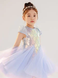 Girls’ Mermaid Skirt Dress with Sequins and Beading, Summer Birthday Gown
