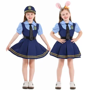 Girls’ Police Officer Costume Short-Sleeved Bubble Dress Halloween Cosplay Outfit