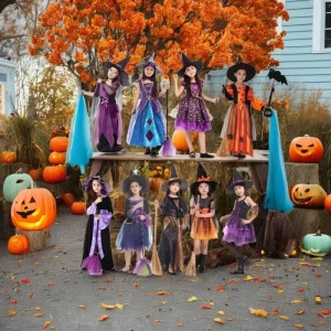 Girls Purple Halloween Witch Dress Costume with Hat