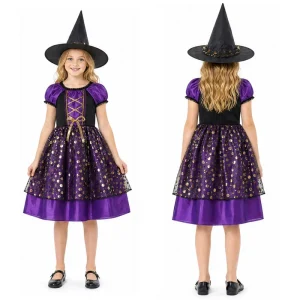 Girls Purple Witch Costume Dress with Pointed Hat