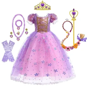 Girls Rapunzel Costume Puff Sleeve Princess Dress with Accessories for Christmas Halloween Carnival