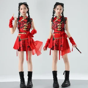 Girls’ Red Chinese Style Skirt Set for Jazz Dance, Hip-Hop, Runway, and Stage Performance