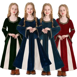 Girls Renaissance Retro Middle Ages Musical Stage Costume Court-Style Bell-Sleeved Long Dress