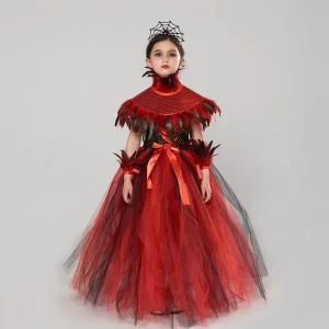 Girls’ Royal Vampire Gothic Queen Halloween Costume with Feather Sequin Shawl