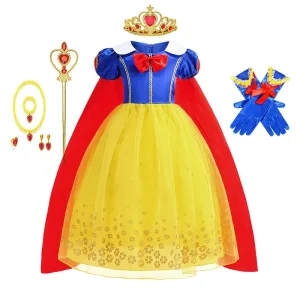 Girls Snow White Costume Yellow Dress with Long Tulle Cape