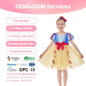 Girls Snow White Princess Tulle Dress with Red Apple Print and Custom Color