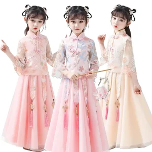 Girls’ Spring Floral Hanfu A-Line Performance Dress