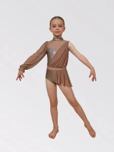 Girls Stage Dance Children’s Lyrical Dance Costume Spandex Nylon Mocha Leotard with Sheer One Sleeve & Skirt Overlay