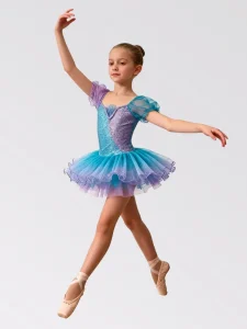 Girls’ Stage Dance Costume Training Dress Purple to Teal Ombre Spandex Nylon for Children