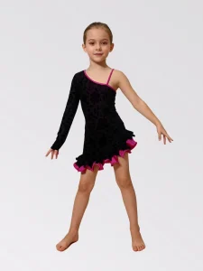 Girls Stage Dance One Shoulder Leotard Costume with Spandex Nylon Ruffled Hem and Hot Pink Accents