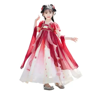 Girls’ Summer Chinese Style Hanfu Dress, Floral A-Line Mid-Calf Performance Costume