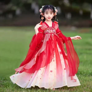 Girls Summer Hanfu A-Line Short Sleeve Polyester Dress Chinese Style Performance Costume Flower Princess Party Dress