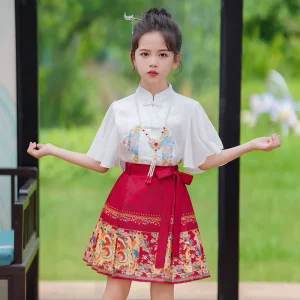 Girls’ Summer Hanfu Dress Set Traditional Chinese Tang Suit Short Sleeve Skirt