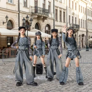 Girls TV Movie Jazz Dance Costumes Thorn Graphic Jean Shirt Shorts Set Metal Chains Ribbon Belt Polyester Teens Competition