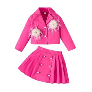 Girls’ Three-Dimensional Flower Suit with Jacket and Pleated Skirt, Solid Color, Worsted Fabric