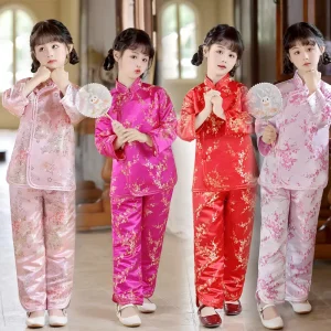 Girls’ Traditional Chinese Tang Suit 2-Piece Long-Sleeve Pants Set