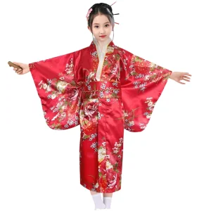 Girls’ Traditional Japanese Kimono Set Cherry Blossom Print Robe Outfit
