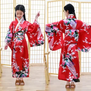 Girls’ Traditional Kimono Gown Yukata with Obi Belt Floral Satin Cosplay Costume