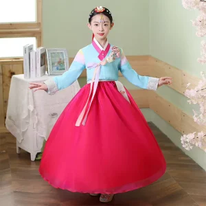 Children’s Girls’ Korean-Style Hanbok Ethnic Costume for Student Performance and Festival, Polyester