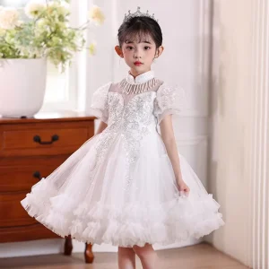 Girls’ Tulle A-Line Flower Girl Dress, Short Sleeve, Summer and Wedding