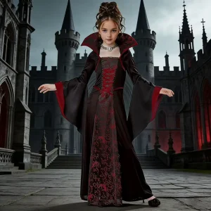 Girls Vampire Cosplay Costume Floor-Length Dress with Stand Collar and Flared Sleeves