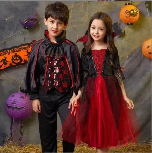 Girls’ Vampire Halloween Costume Princess Dress with Vampire Cape for Stage Performance