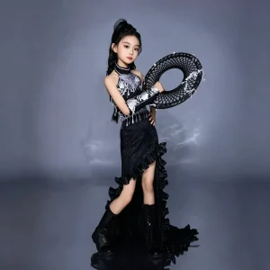 Girls Vintage Ethnic Chinoiserie Denim Tea-Length Dress