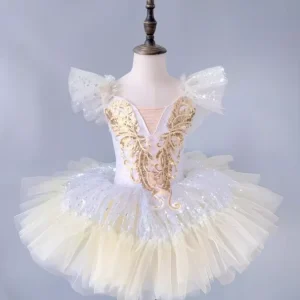 Girls White Gold Ballet Tutu Dress Sequined Fairy Dance Costume Kids Stage Performance Dress