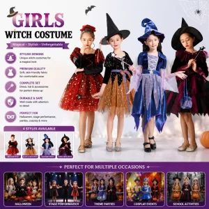 Girls’ Witch Costume Dress with Wizard Hat for Halloween Cosplay